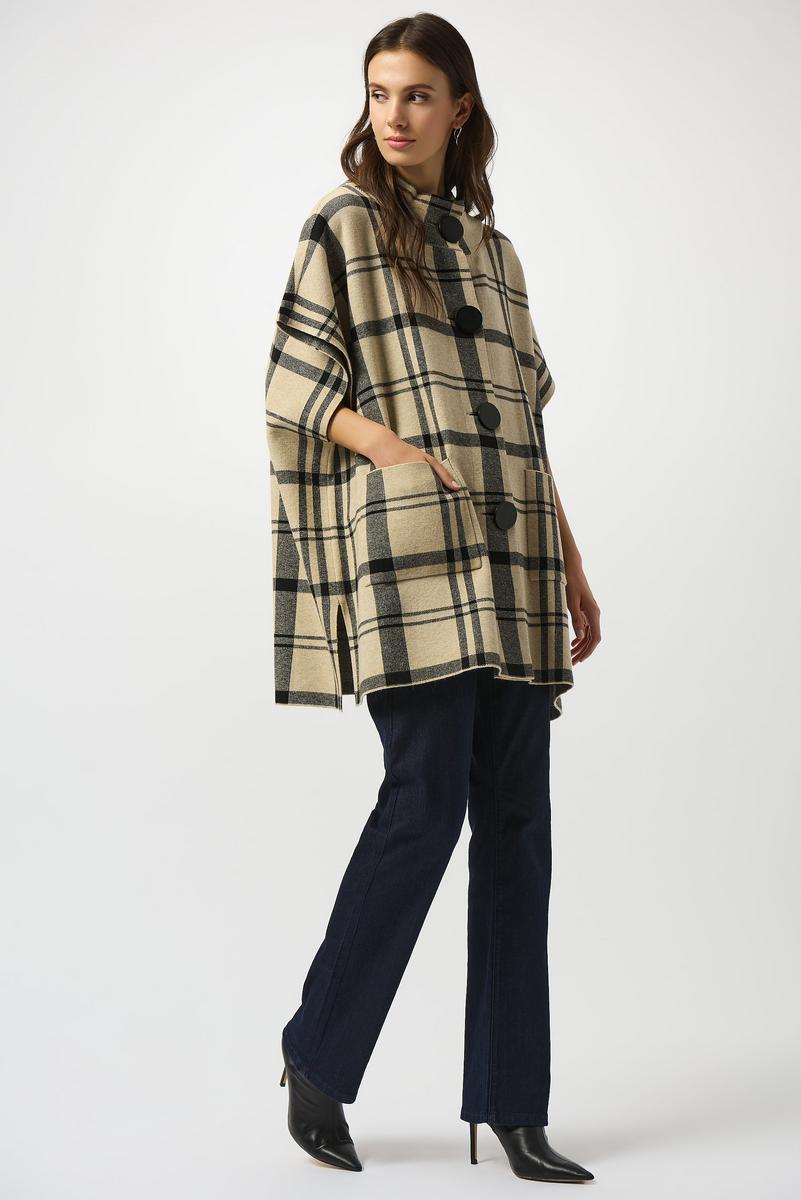 Womens Joseph Ribkoff Jacquard Sweater Knit Plaid Poncho in Champagne/Black
