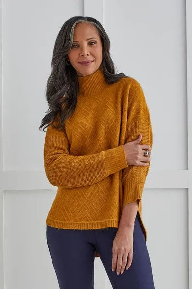 Womens Tribal Textured Mock Neck Sweater in Marigold