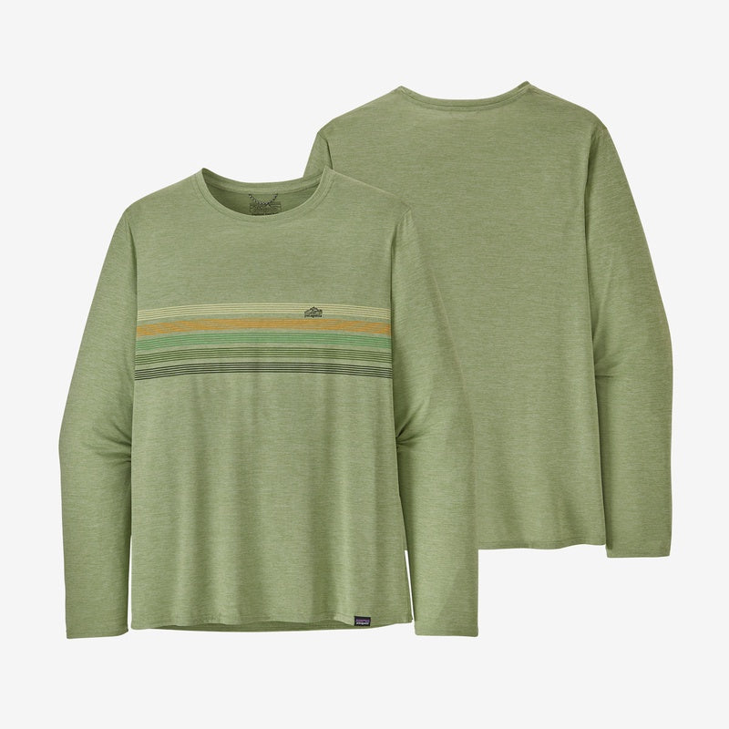 Patagonia Mens Capilene Cool Daily Graphic LS Shirt in Line Logo Ridge Stripe: Salvia Green X-Dye