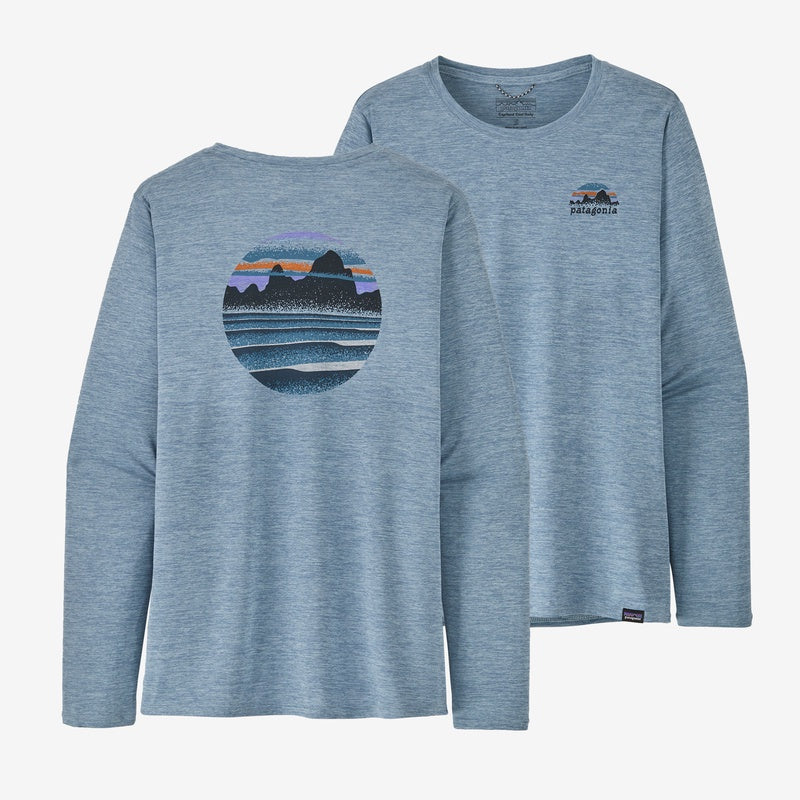 Womens Patagonia L/S Capilene Cool Daily Graphic Shirt in Skyline Stencil: Steam Blue X-Dye