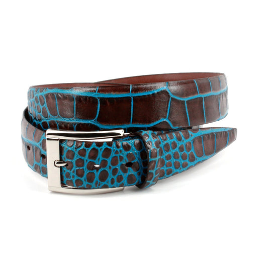 Torino Belts Faux Crocodile Embossed Calfskin Belt in Brown/Blue