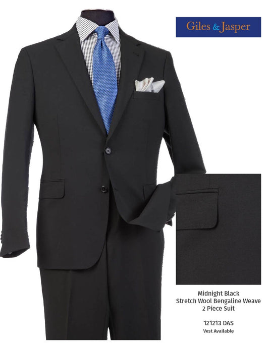 Giles & Jasper Suit W/Optional Vest Super 100's wool with Stretch in Black