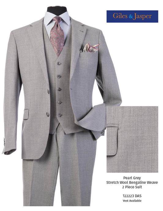 Giles & Jasper Suit W/Optional Vest Super 100's wool with Stretch in Pearl Grey