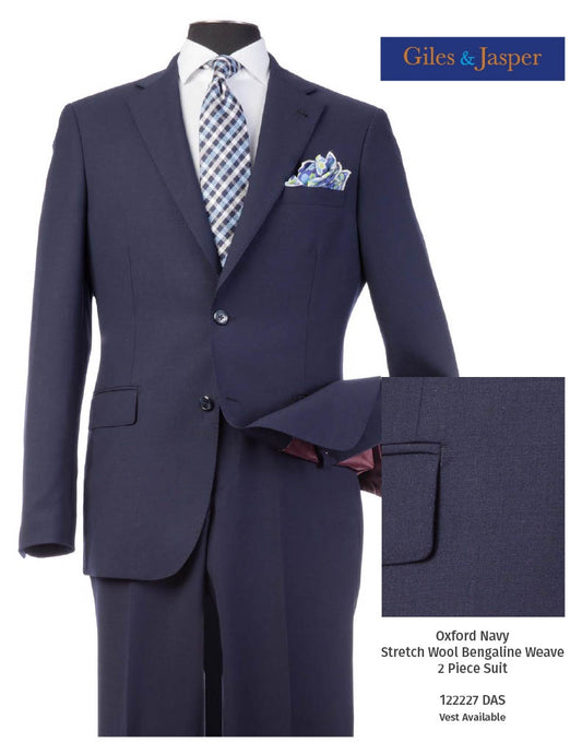 Giles & Jasper Suit W/Optional Vest Super 100's wool with Stretch in Navy