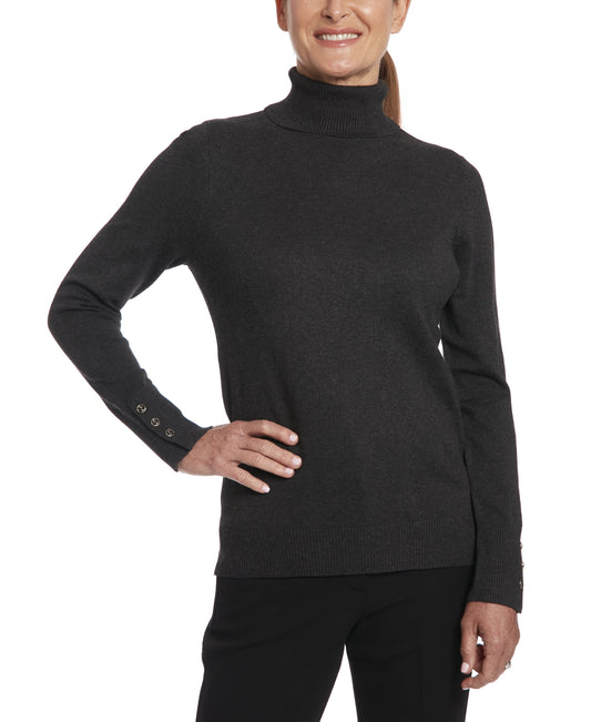 Womens Joseph A Button Cuff Long Sleeve Turtleneck in Charcoal