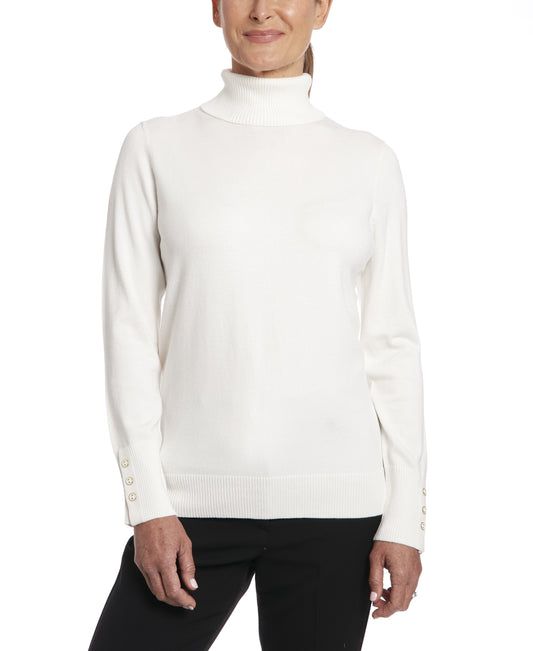 Womens Joseph A Button Cuff Long Sleeve Turtleneck in Ivory
