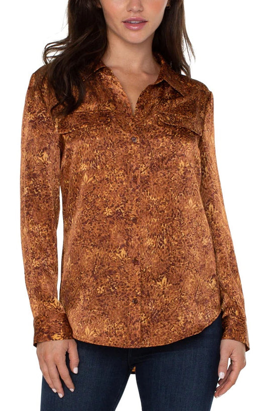 Womens Liverpool Flap Pocket Button Front Woven Blouse in Autumn Safari