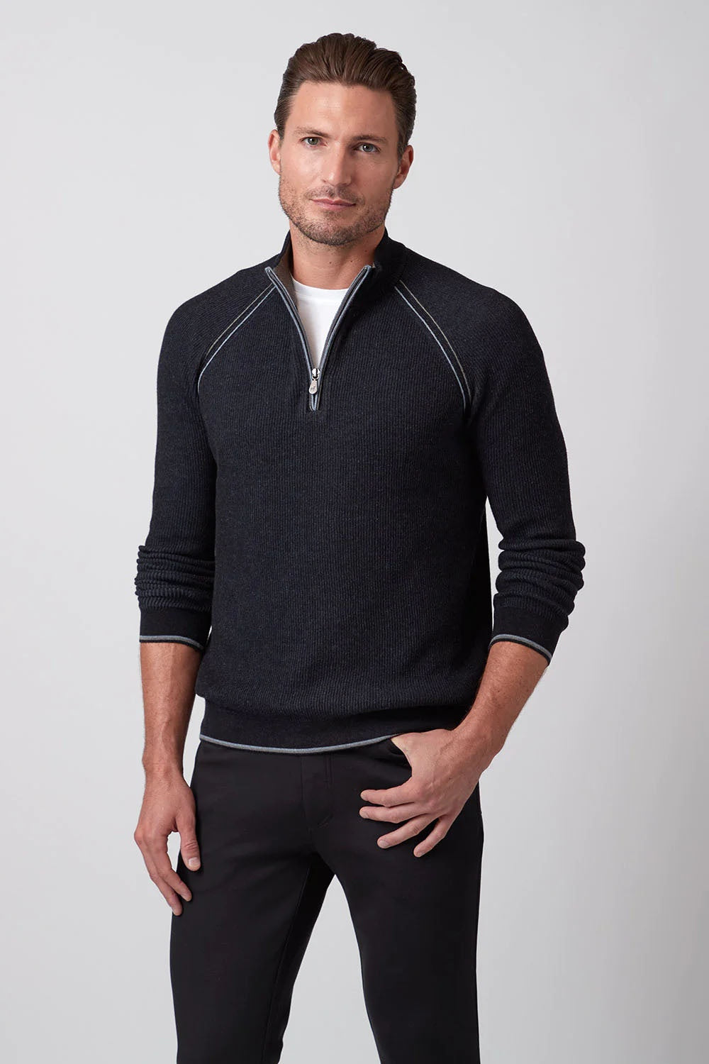 Raffi Lawson Rib Knit Quarter Zip Sweater in Black