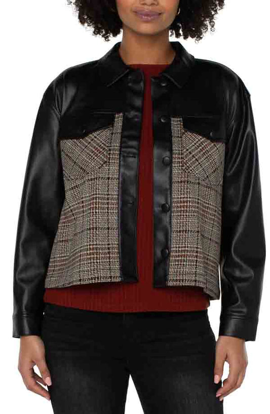 Womens Liverpool Shirt Jacket with Contrast Sleeves in Black/Tan Retro Plaid