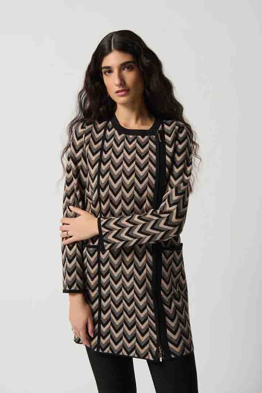 Womens Joseph Ribkoff Printed Jacquard Sweater Coat in Black/Latte