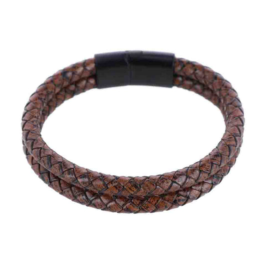 Trafalgar Simple Double Band Braided Secure Clasp Leather Bracelet in Brown