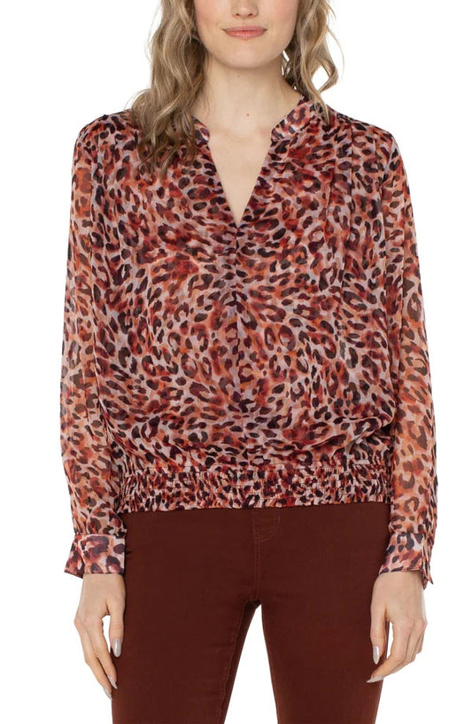 Womens Liverpool Long Sleeve Blouse with Smocke Waistband in Watercolor Cheetah Print