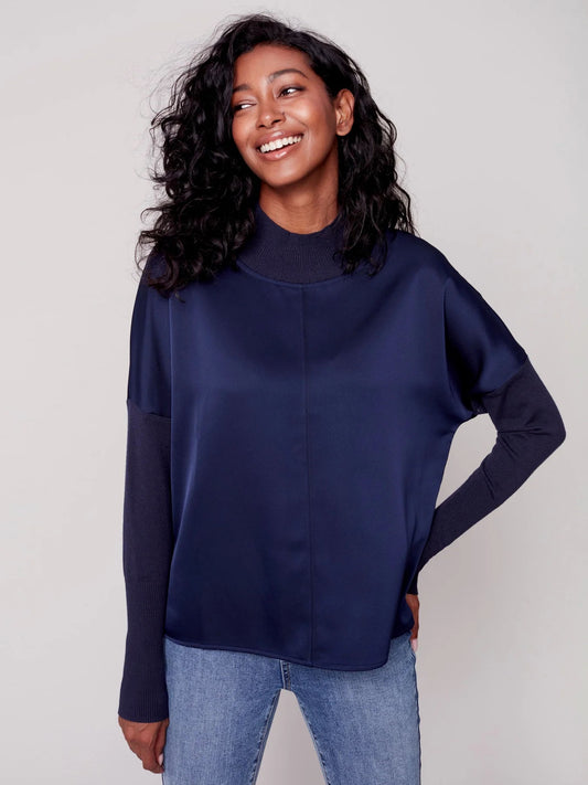 Womens Charlie B Satin Knit Top with Mock Neck in Denim
