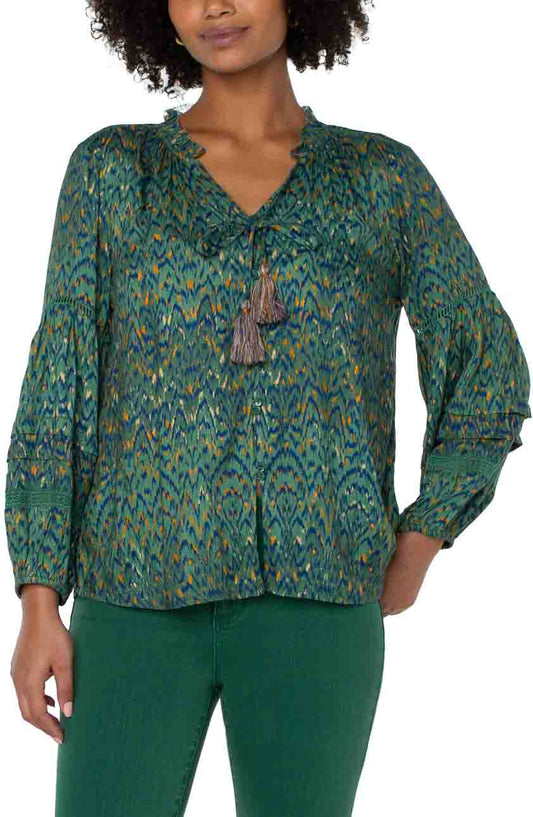 Womens Liverpool Long Sleeve Popover Shirred Blouse in Emerald Ikat Print