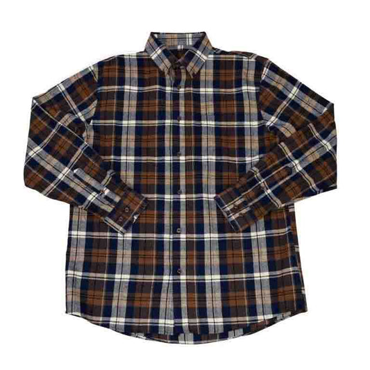 F/X Fusion Cotton Blend Brushed Flannel Sportshirt in Navy/Brown Plaid