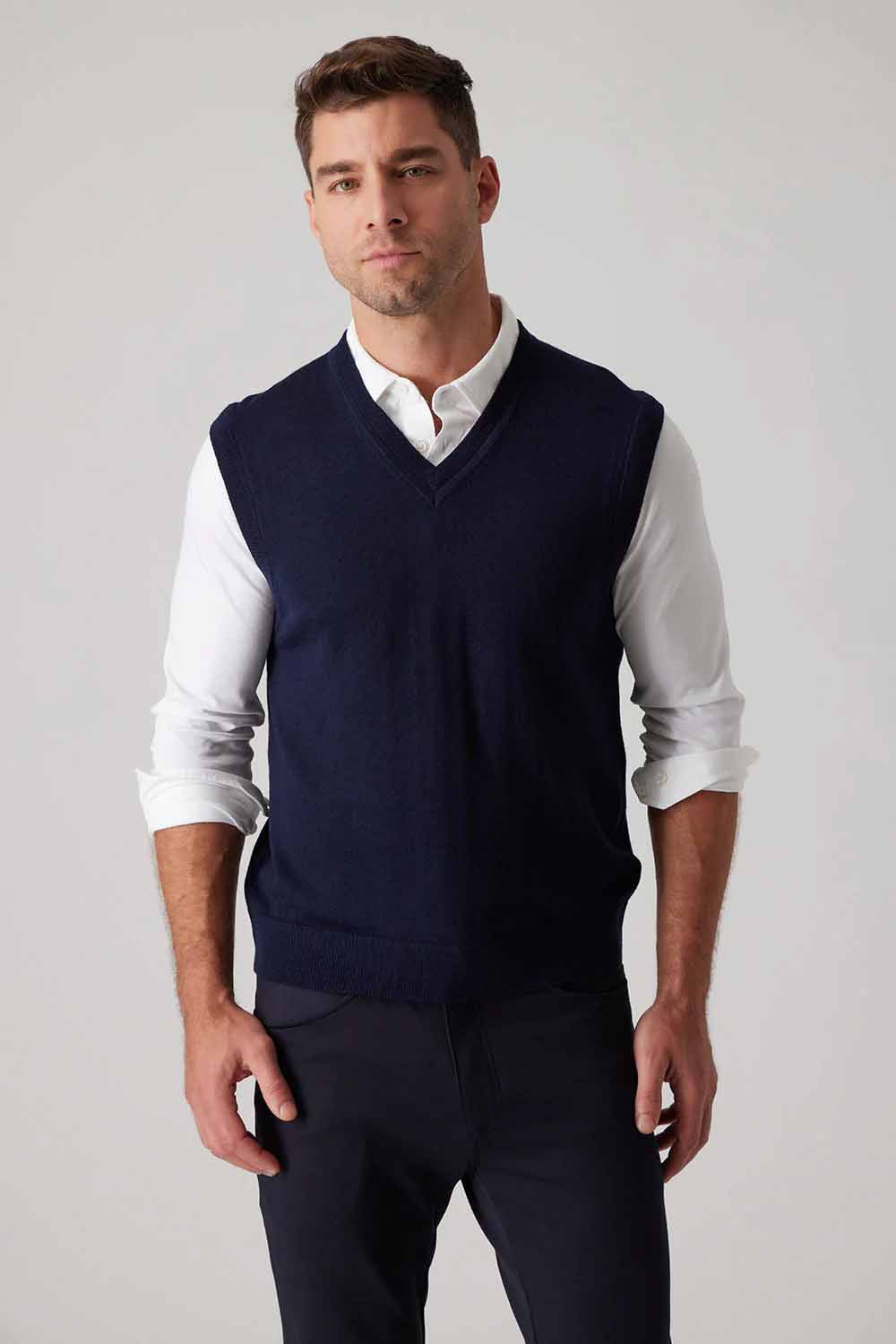 Raffi Whitman V-Neck Merino Wool Sweater Vest in Navy