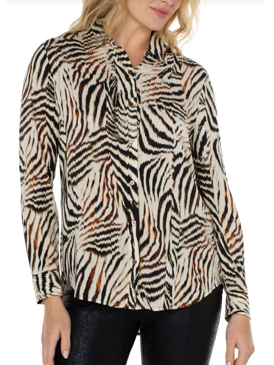 Womens Liverpool Button Front Woven Blouse in Patchwork Animal Print