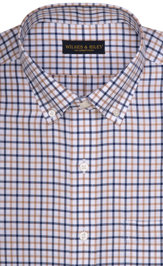 Wilkes and Riley Classic Fit Button Down Dress Shirt in Tan/ Navy Twill Check