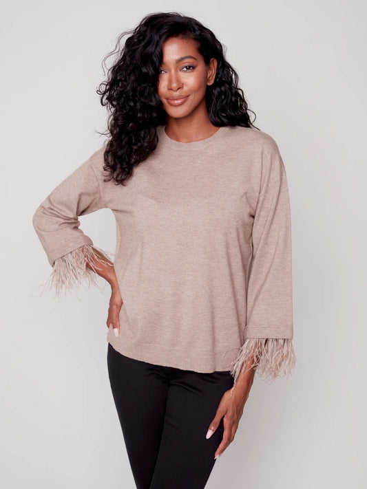 Womens Charlie B Feathered Sleeves Sweater in Truffle